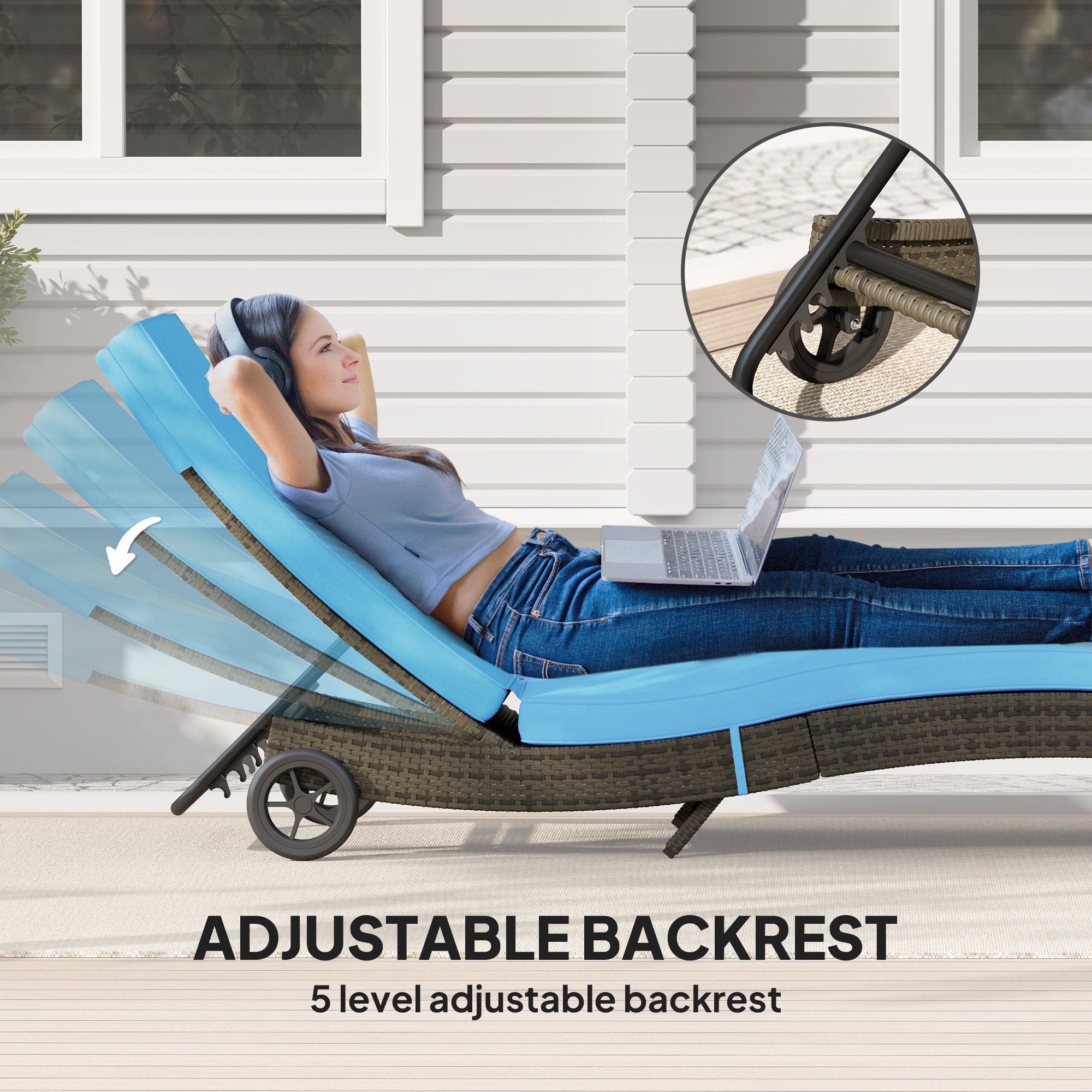 Patio Wicker Chaise Lounge Chair, Outdoor PE Rattan Sun Lounger With Adjustable Backrest And 2 Wheels, Sky Blue