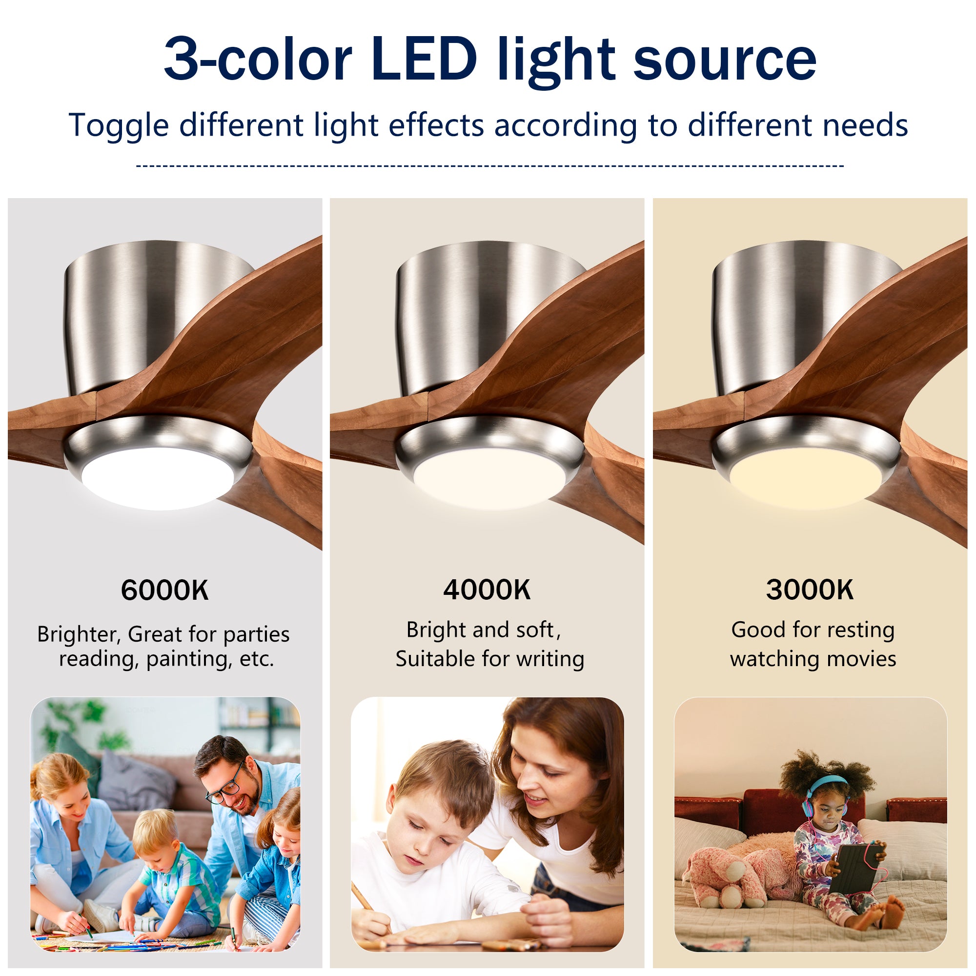 52 Inches Recessed Ceiling Fan Solid Wood Blade Ceiling Fan With Light Strip Remote Control, Noiseless Reversible Motor, 6 Speed, Suitable For Patio Living Room, Bedroom, Indoor, Nickel Color