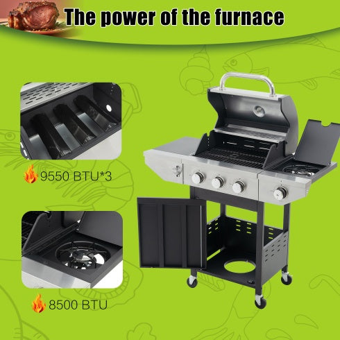 Propane Grill 3 Burner Barbecue Grill Stainless Steel Gas Grill With Side Burner, 37,000 BTU Outdoor Cooking, Patio, Garden Barbecue Grill, Black And Silver