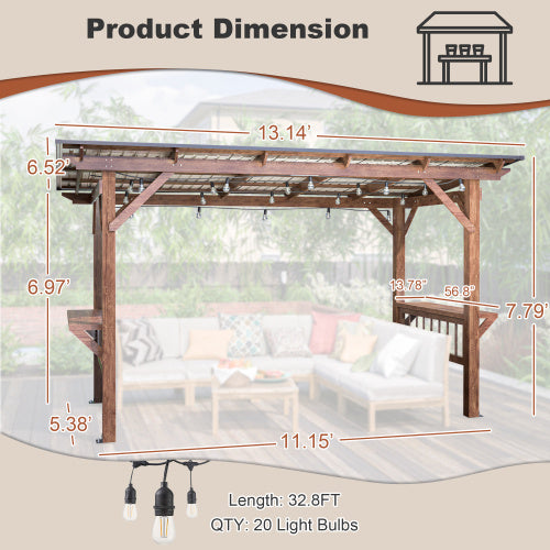 13' X 6.5' Wooden Pergola Grill Gazebo With Metal Roof & Bulbs & Bar Counters