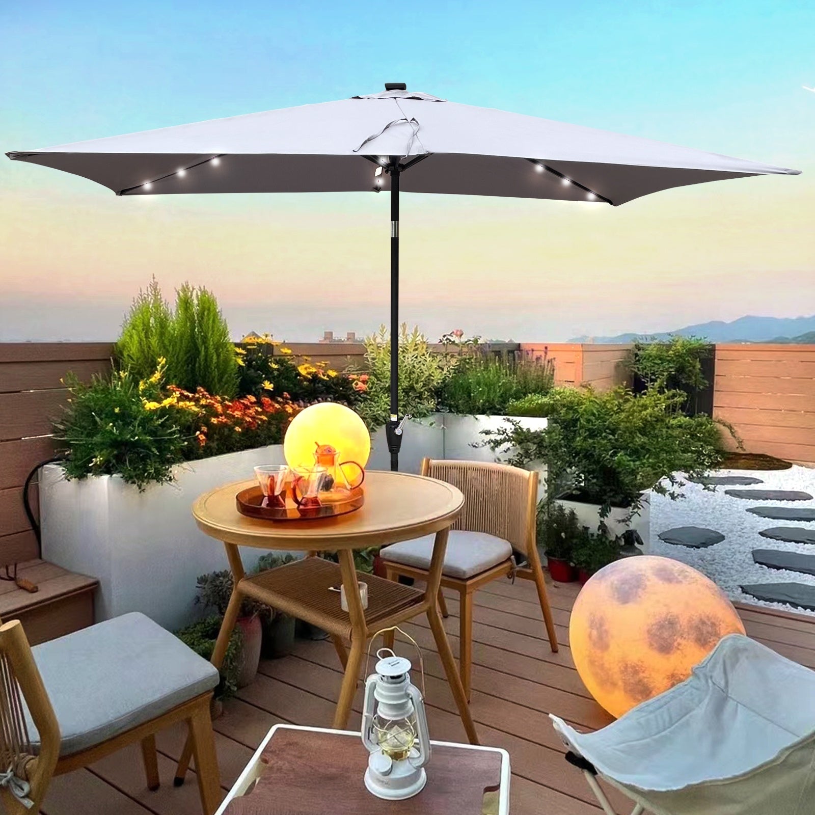 10x6.5ft Rectangular Solar LED Patio Umbrellas With Crank & Push Button Tilt - Outdoor Chilling