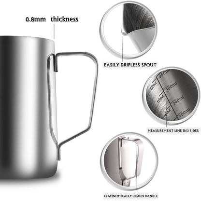 Milk Frothing Jar With Measurements, 12oz-350ml Stainless Steel Espresso Steam Can For Milk Coffee Cappuccino Latte Art Espresso Cream Cup, Polished Finish