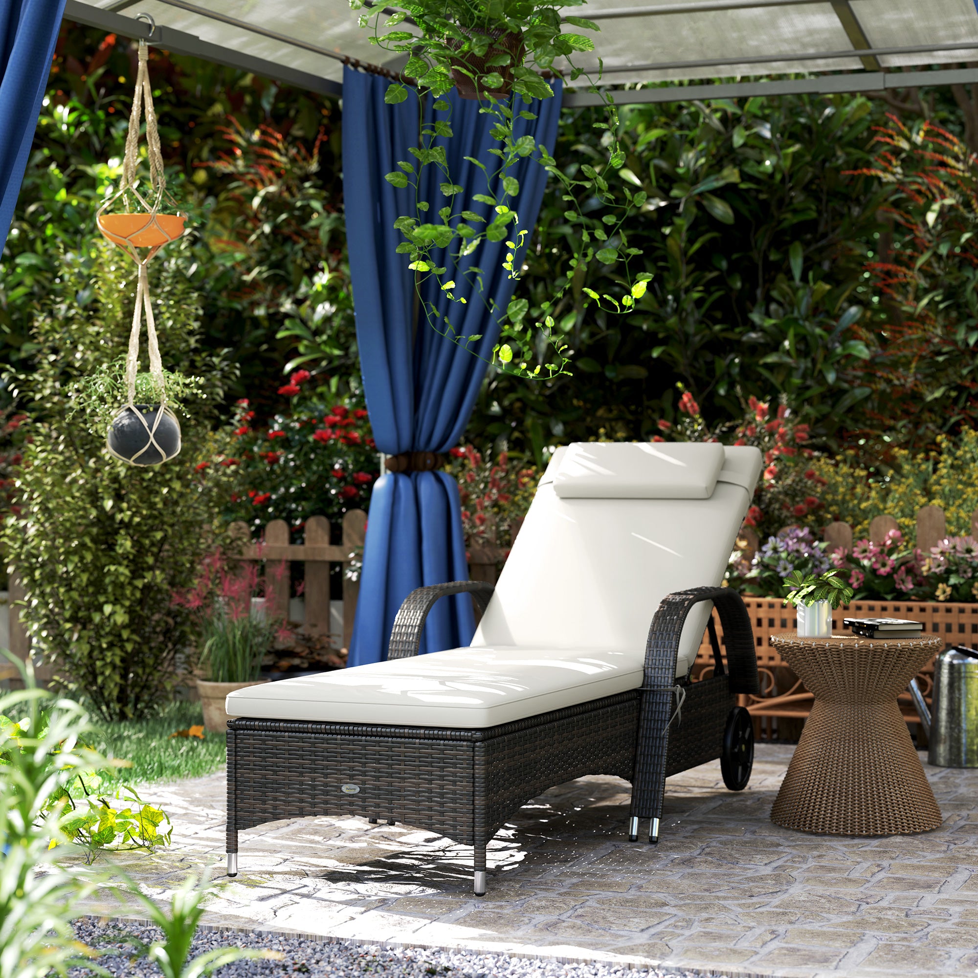 Outdoor Chaise Lounge, 5-Level Adjustable Backrest Rattan Pool Lounge Chair With Wheels, Cushion & Headrest, Cream