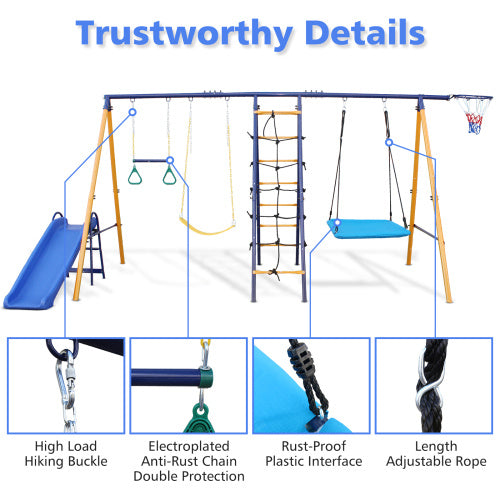 500 Lbs 7 In 1 Swing Set For Kids  Outdoor A Frame Heavy  Metal Swing Sets With Slide  2 Swing Seats 1 Climbing Net   Ladder 1 Gym Ring 1 Basket - Outdoor Chilling