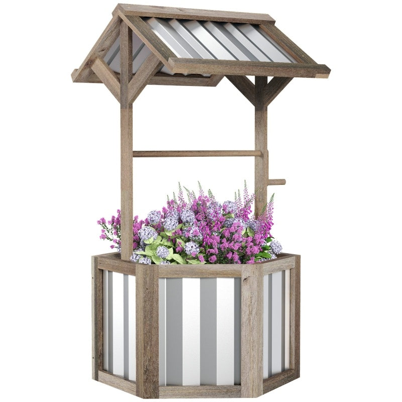 Wooden Wishing Well Planter, Raised Garden Bed With Galvanized Canopy, Hexagon Raised Flower Bed For Garden, Light Gray