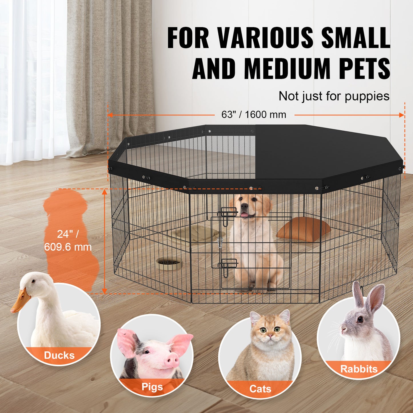 VEVOR Dog Playpen, 8 Panels Foldable Metal Dog Exercise Pen With Top Cover, 24inch H Pet Fence Puppy Crate Kennel With Ground Stakes, Indoor Outdoor Dog Pen For Small Medium Pets, For Camping, Yard