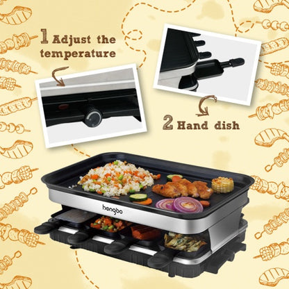 Raclette Grill 8 People Grill Plate Non-stick Coated, Raclette With 8 Mini Raclette Pans, Infinitely Adjustable Temperature, 1500W