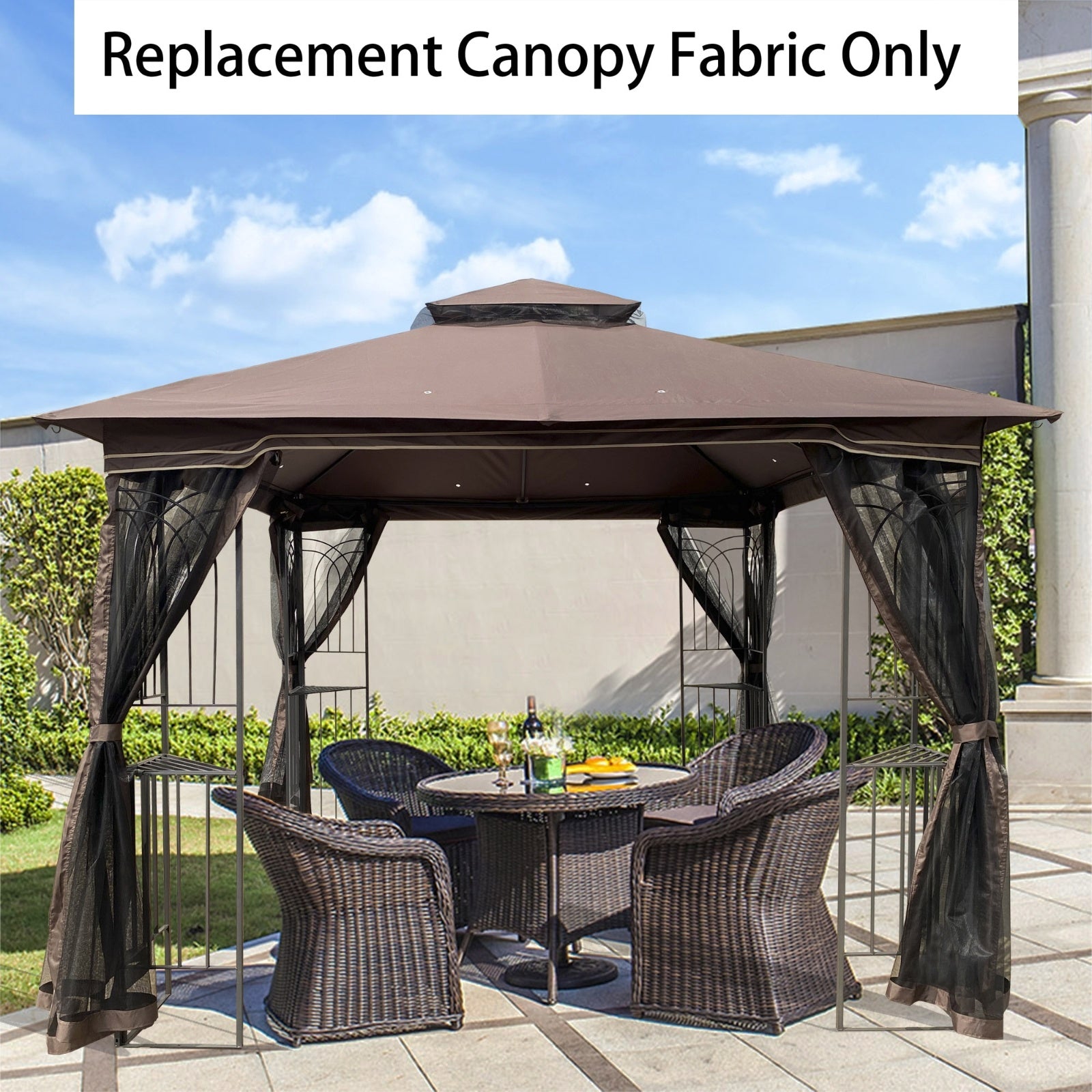 10x10 Ft Patio Double Roof Gazebo Replacement Canopy Top Fabric, Brown