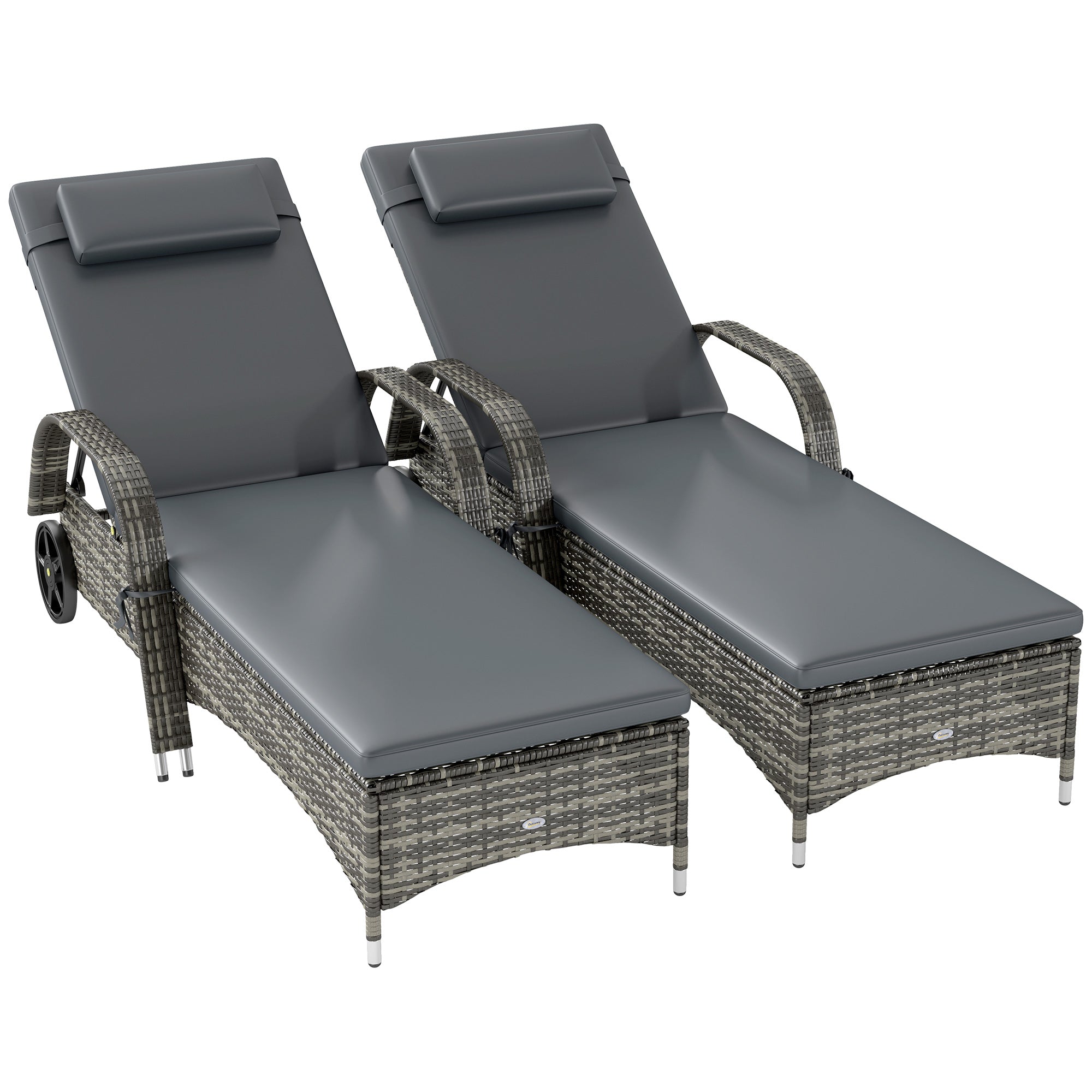 2 Reclining Chaise Lounge Chairs, Rolling Outdoor Chairs With Cushion, Pillow, Headrest, Armrests, And Wheels, Gray