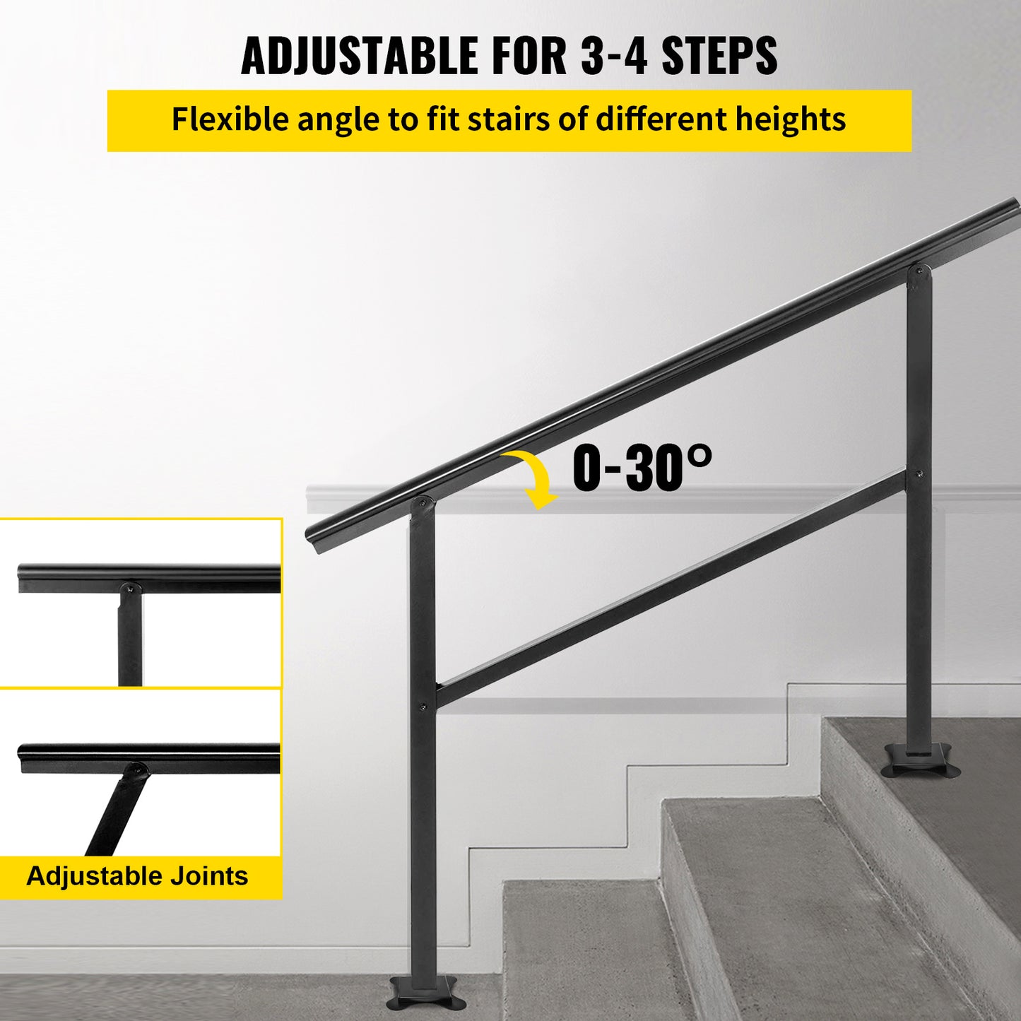 VEVOR Handrail Outdoor Stairs 47.6 X 35.2 Inch Outdoor Handrail Outdoor Stair Railing Adjustable From 0 To 30 Degrees Handrail For Stairs Outdoor Aluminum Black Stair Railing Fit 3-4 Steps