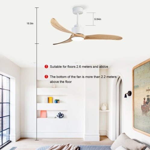 Ceiling Fan With Dimmable LED Light Remote Control, Quiet DC Motor 6 Speed Levels, Adjust Height 3 PCS Rod Reversible Ceiling Fan, For Patio Living Room, Bedroom, Office, Indoor. White Natural