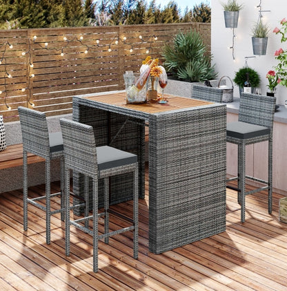 5-Piece Outdoor Patio Wicker Bar Set With Bar Height Chairs & Non-Slip Feet