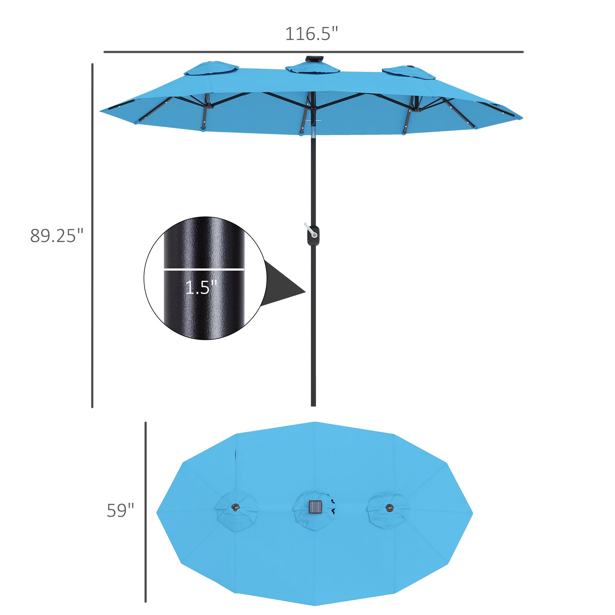 Double-sided Patio Umbrella, 9.7 Outdoor Umbrella With Tilt And Crank, LED Solar Light And 12 Ribs, Light Blue