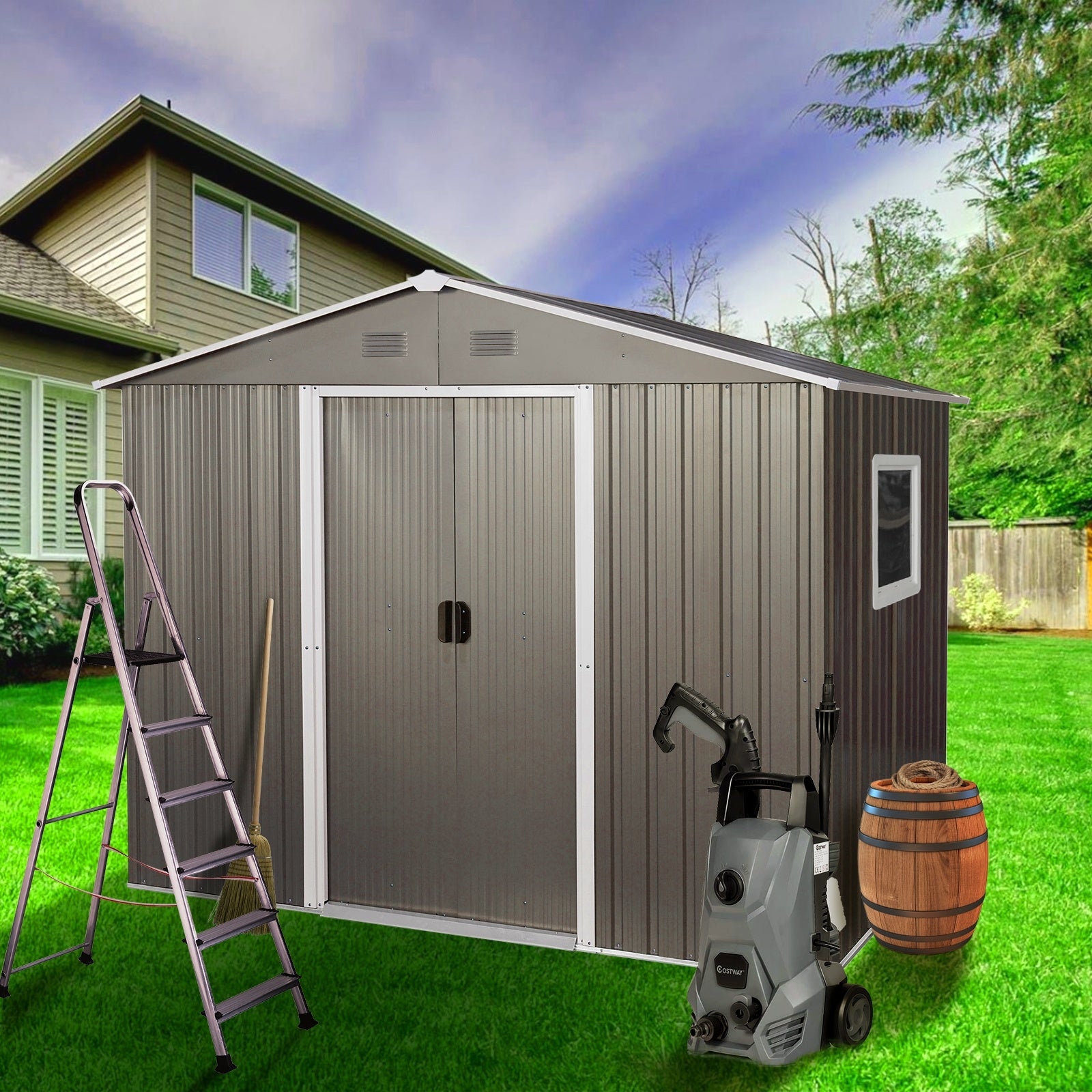 6ft X 8ft Outdoor Metal Storage Shed With Window Grey - Outdoor Chilling