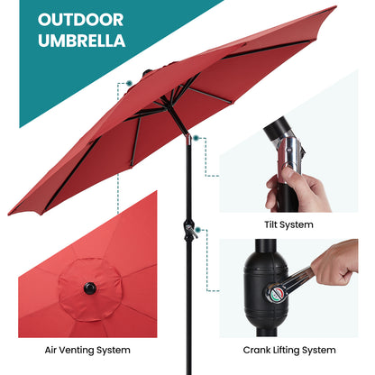 Outdoor Patio Umbrella With Push Button Tilt And Crank, Market Umbrella 8 Sturdy Ribs UV Protection Waterproof For Garden, Backyard, Red