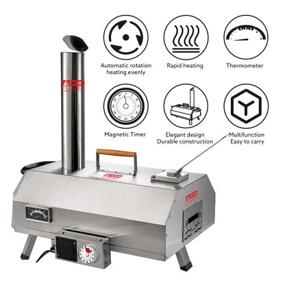 Stainless Steel Pizza Oven Outdoor 12 Automatic Rotatable Pizza Ovens,Portable Wood Fired Pizza Oven Pizza Maker With Timer, Built-in Thermometer,Pizza Cutter