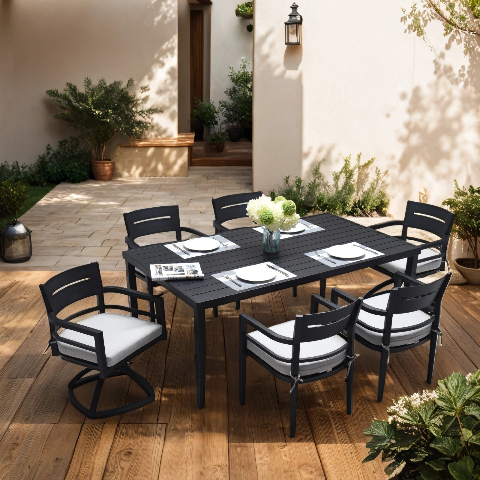 Outdoor Patio Aluminum 40x70 Rectangle Dining Table With Tapered Feet  Umbrella Hole, Ember Black