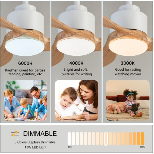 Ceiling Fan With Dimmable LED Light Remote Control, Quiet DC Motor 6 Speed Levels, Adjust Height 3 PCS Rod Reversible Ceiling Fan, For Patio Living Room, Bedroom, Office, Indoor. White Natural