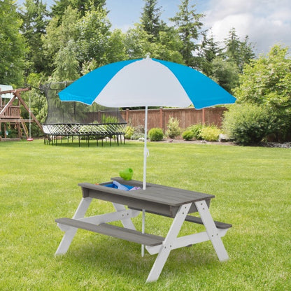 3-in-1 Outdoor Wooden Picnic Table For Kids With Umbrella