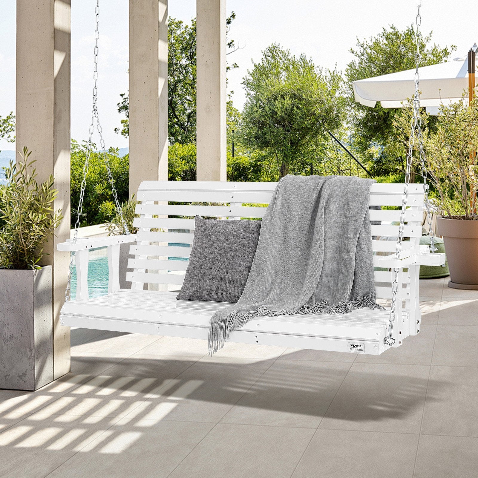 VEVOR Wooden Porch Swing 5.5 Ft, Patio Bench Swing For Courtyard & Garden, Upgraded 880 Lbs Strong Load Capacity, Heavy Duty Swing Chair Bench With Hanging Chains For Outdoors, White