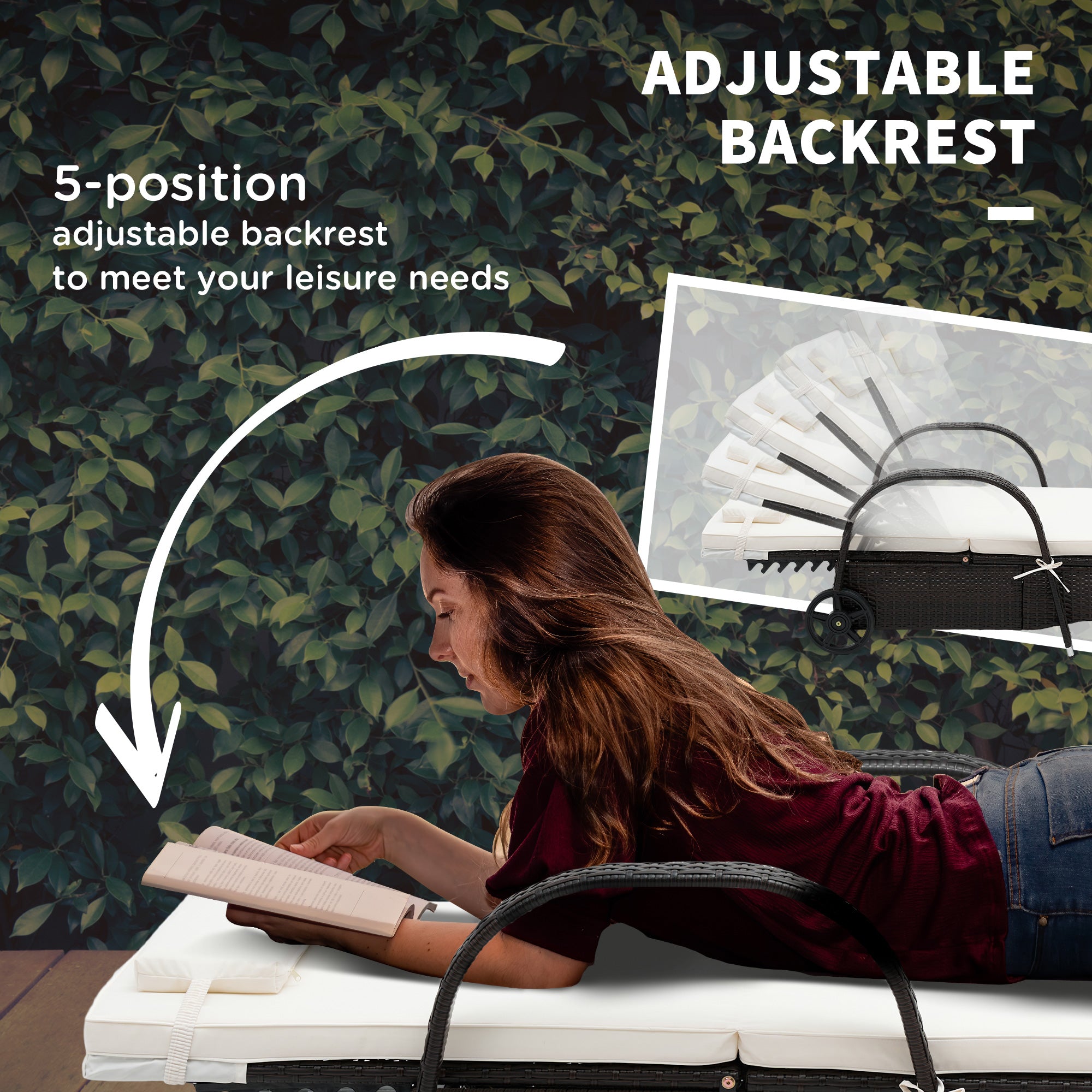 Outdoor Chaise Lounge, 5-Level Adjustable Backrest Rattan Pool Lounge Chair With Wheels, Cushion & Headrest, Cream