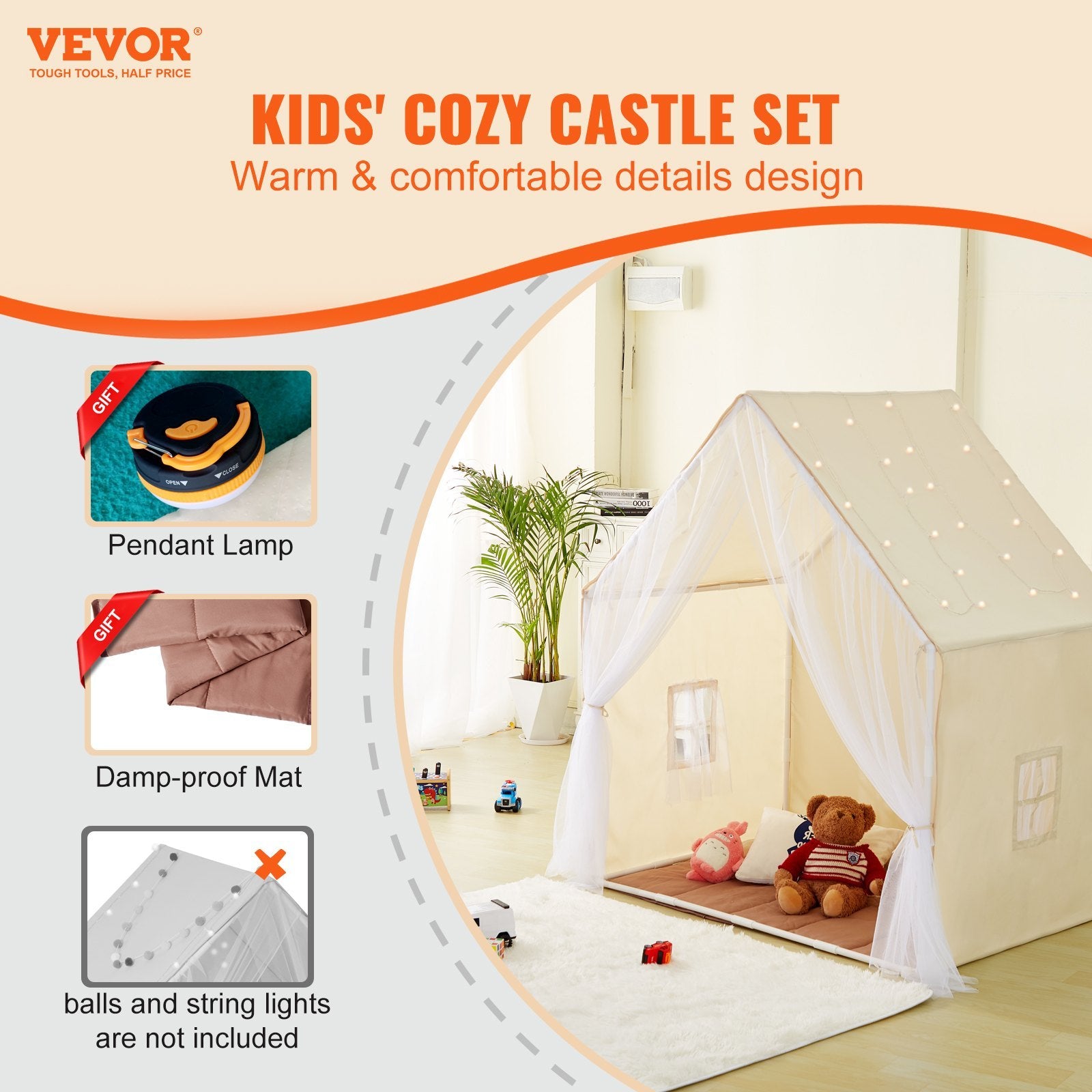 VEVOR Kids Play Tent, Kids Tent For Kids 1-5 Years Old, Toddler Tent With Mat And Tent Lamp, Tent For Kids With Windows For Indoor And Outdoor, Yurt Tent For Boys And Girls, Beige - Outdoor Chilling