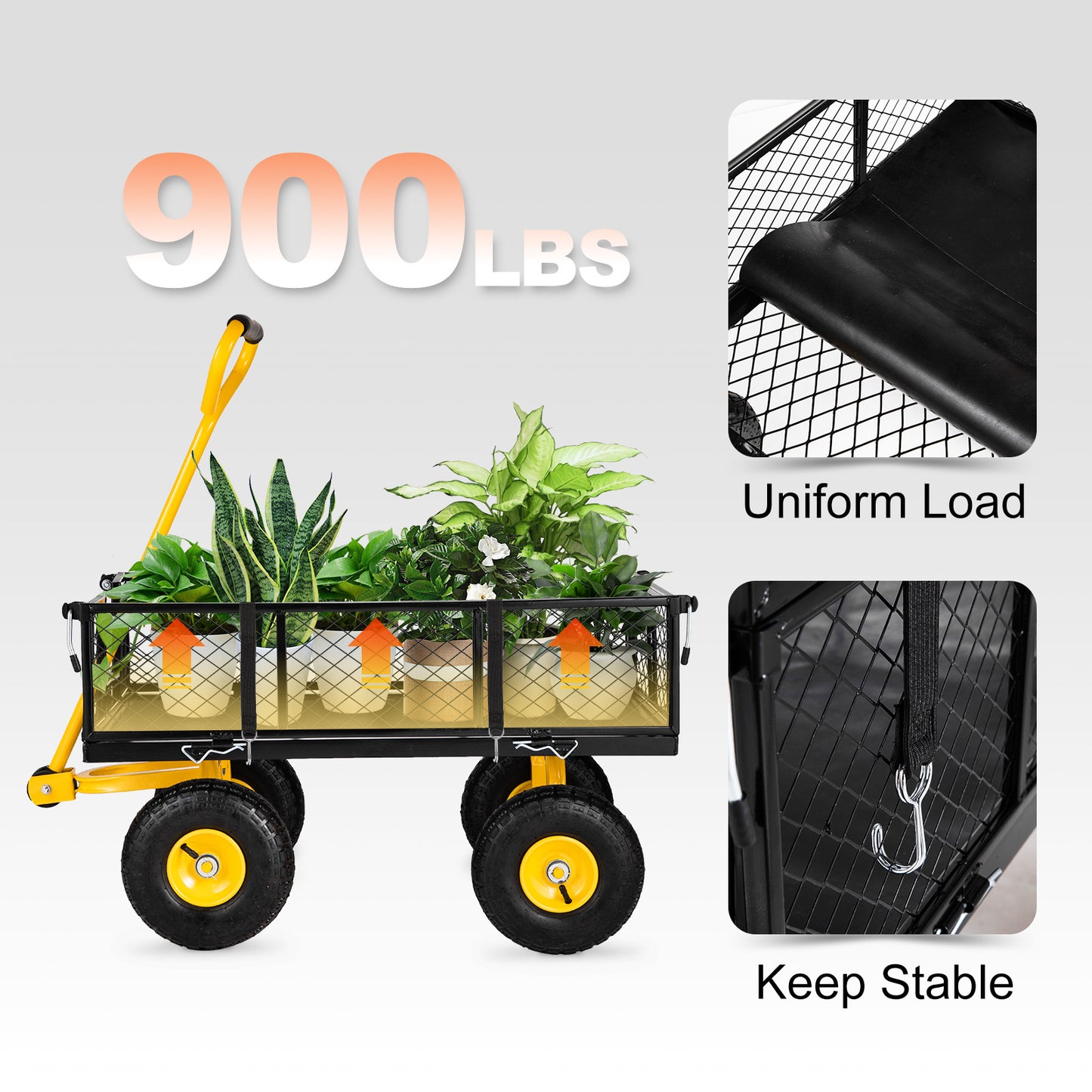 VEVOR Steel Garden Cart, Heavy Duty 900 Lbs Capacity, With Removable Mesh Sides To Convert Into Flatbed, Utility Metal Wagon With Rotating Handle And 10 In Tires, Perfect For Garden, Farm, Yard