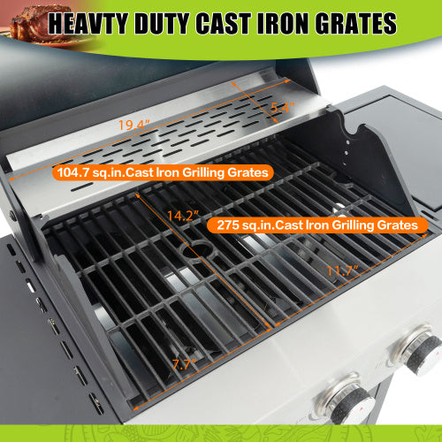 Propane Grill 3 Burner Barbecue Grill Stainless Steel Gas Grill With Side Burner, 37,000 BTU Outdoor Cooking, Patio, Garden Barbecue Grill, Black And Silver
