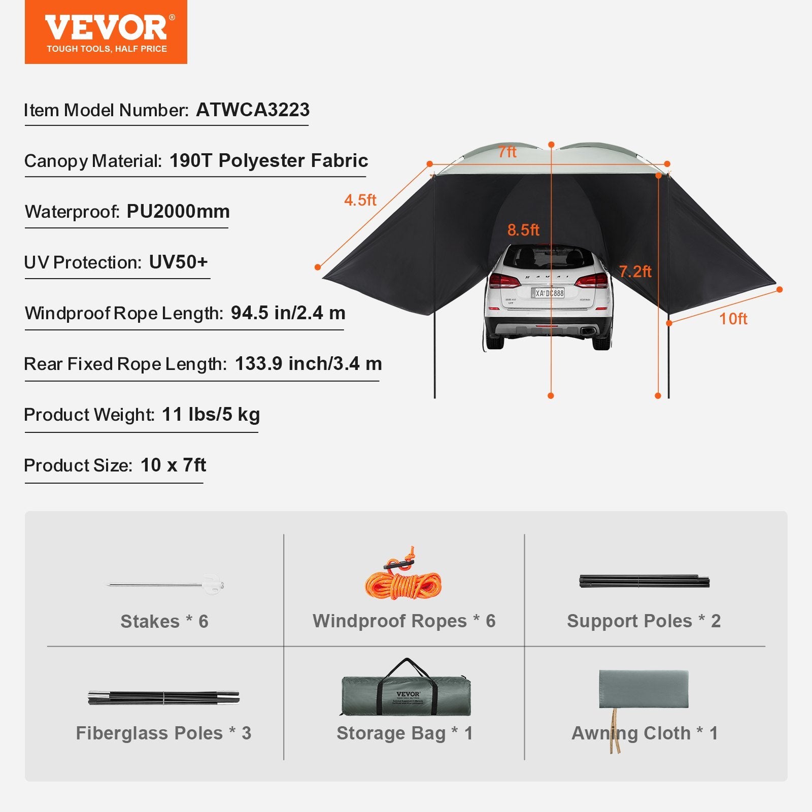 VEVOR Vehicle Awning, Large Shade Coverage Car Side Awning, PU2000mm UV50  Car Awning With Extended Side Canopies And Portable Storage Bag, Suitable For Truck, SUV, Van, Campers