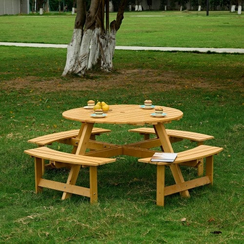 Outdoor 8 Person Picnic Table, 8 Person Round Picnic Table With 4 Built-in Benches, Umbrella Hole, Outside Table And Bench Set For Garden, Backyard, Porch, Patio, Natural - Outdoor Chilling