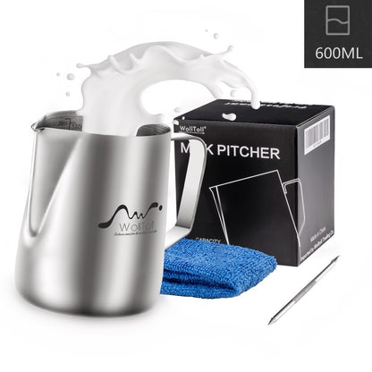 Stainless Steel Milk Frothing Jug, 600ml Milk Coffee Cappuccino Latte Art Sparkling Jug Barista Milk Jug Cups With Size Art Deco Pen And Microfibre Cloth Inside The Sides