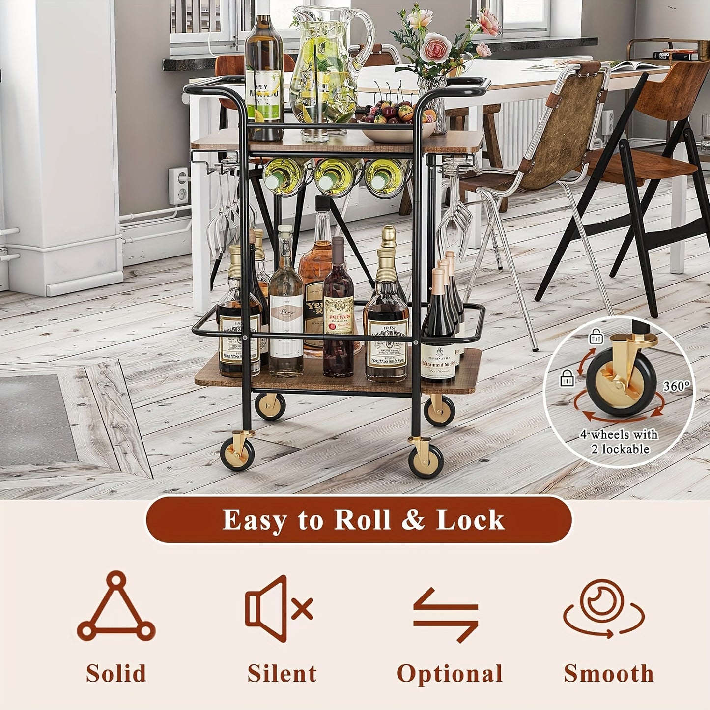 2 Tier Bar Cart With Wheels, Serving Cart With Wheels And 2 Handles, Home Outdoor Bar Cart With Wine Rack And Glass Holder, Kitchen Serving Cart For Home, Restaurant, Party, Black