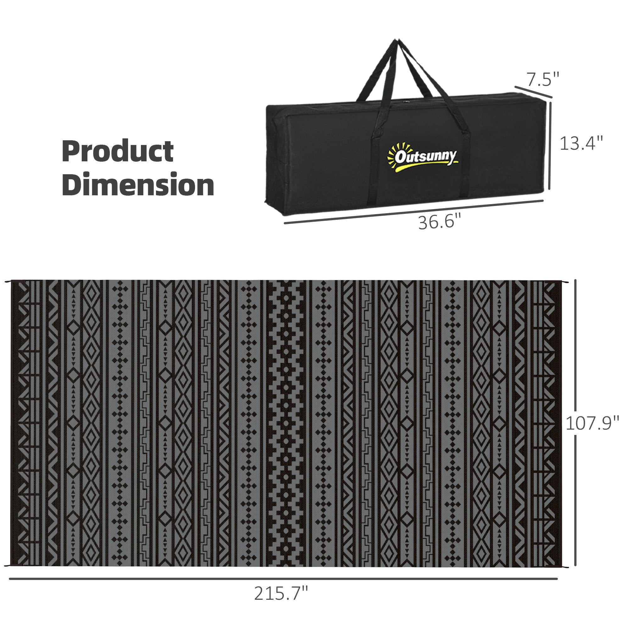 Reversible Outdoor Rug, Waterproof Plastic Straw With Carry Bag, 9 X 18, Black & Gray Geometric Wall