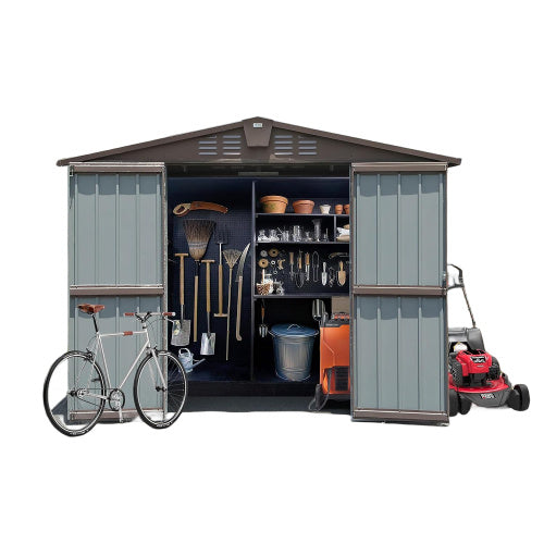 Outdoor Storage Shed 8.2' X 6.2', Metal Steel Utility Tool Shed Storage House With Double Lockable Doors &Air Vents For Backyard Patio Garden Lawn Brown