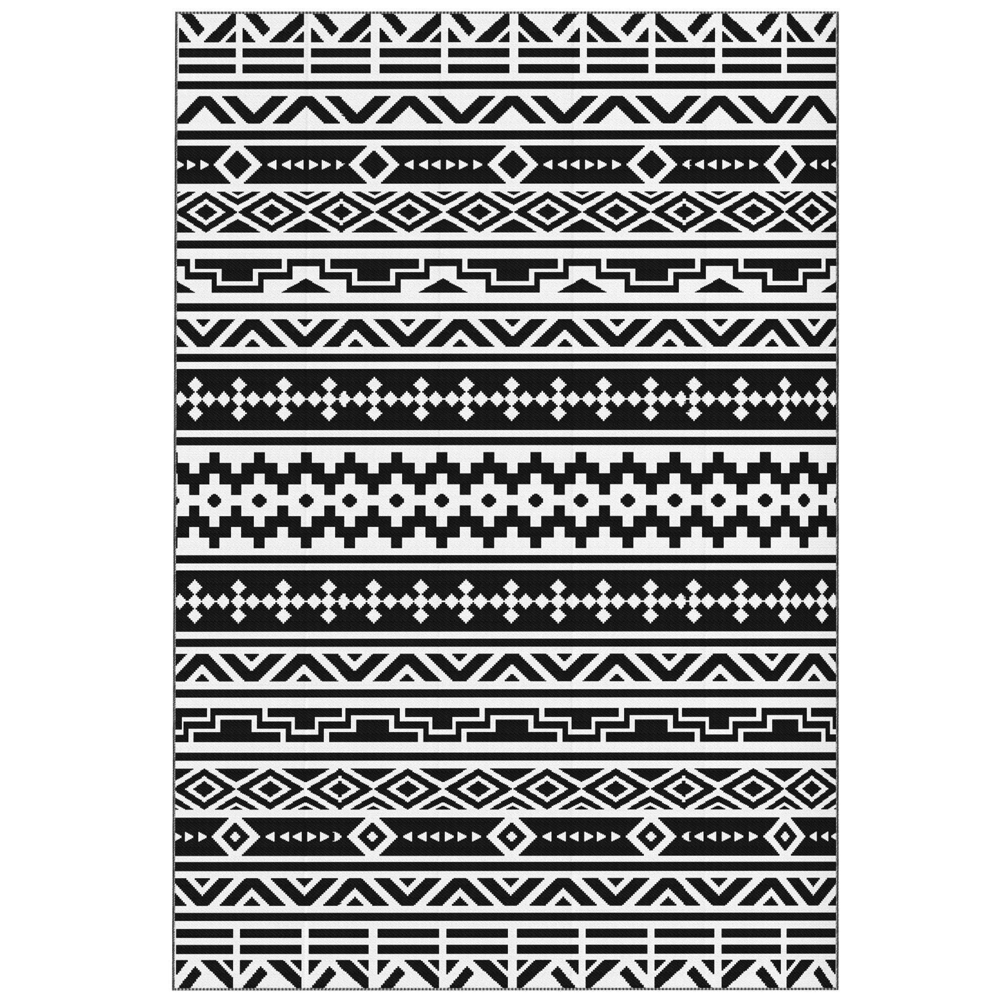 Reversible Outdoor Rug, Waterproof Plastic Straw With Carry Bag, 6 X 9, Black & White Geometric Wall