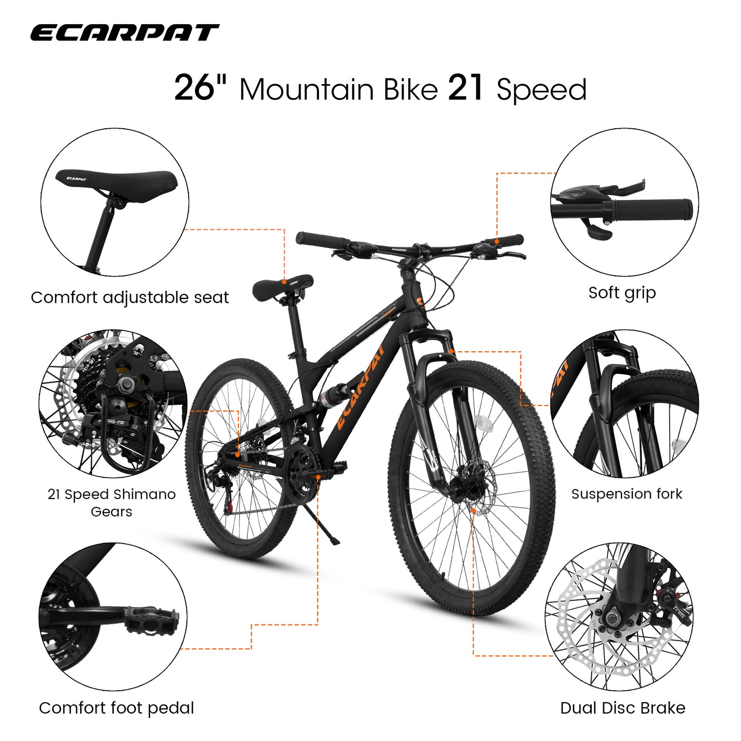 A26207 26 Inch Steel Frame Shock Fork Plus Shock Absorber 21-speed Unisex Mountain Bike