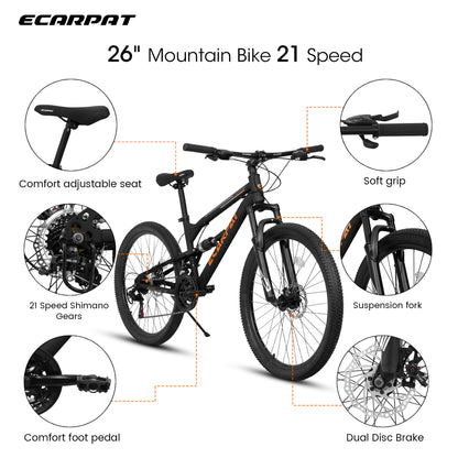 A26207 26 Inch Steel Frame Shock Fork Plus Shock Absorber 21-speed Unisex Mountain Bike