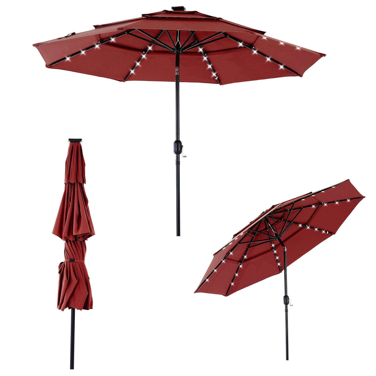 10FT 3-Tier Solar Patio Umbrella With 32 LED Lights, Outdoor Umbrellas With Push Button Tilt And Crank - Outdoor Chilling