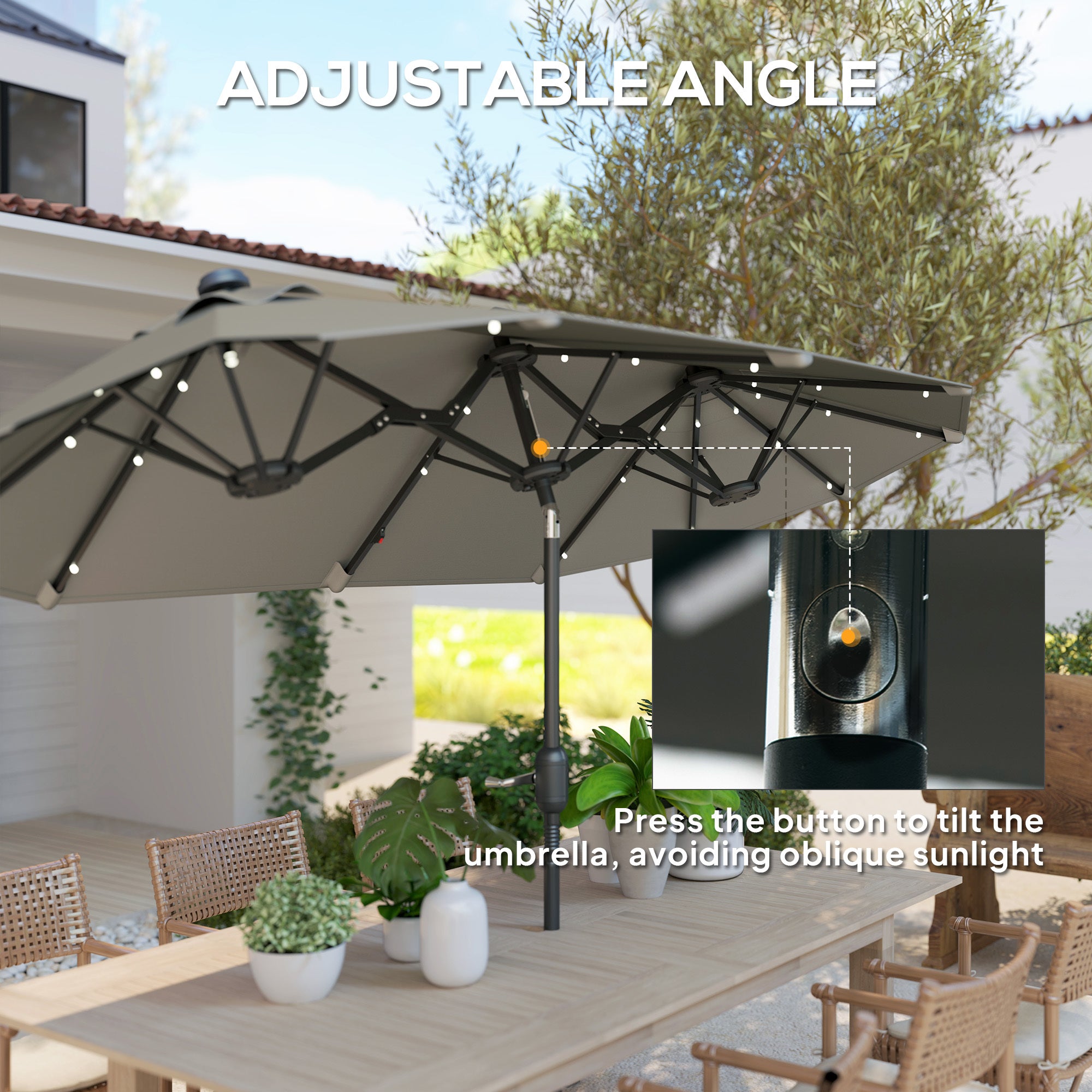Double-sided Outdoor Patio Umbrella With Solar Lights And Base, Dining Table Umbrella Push Button Tilt, Gray