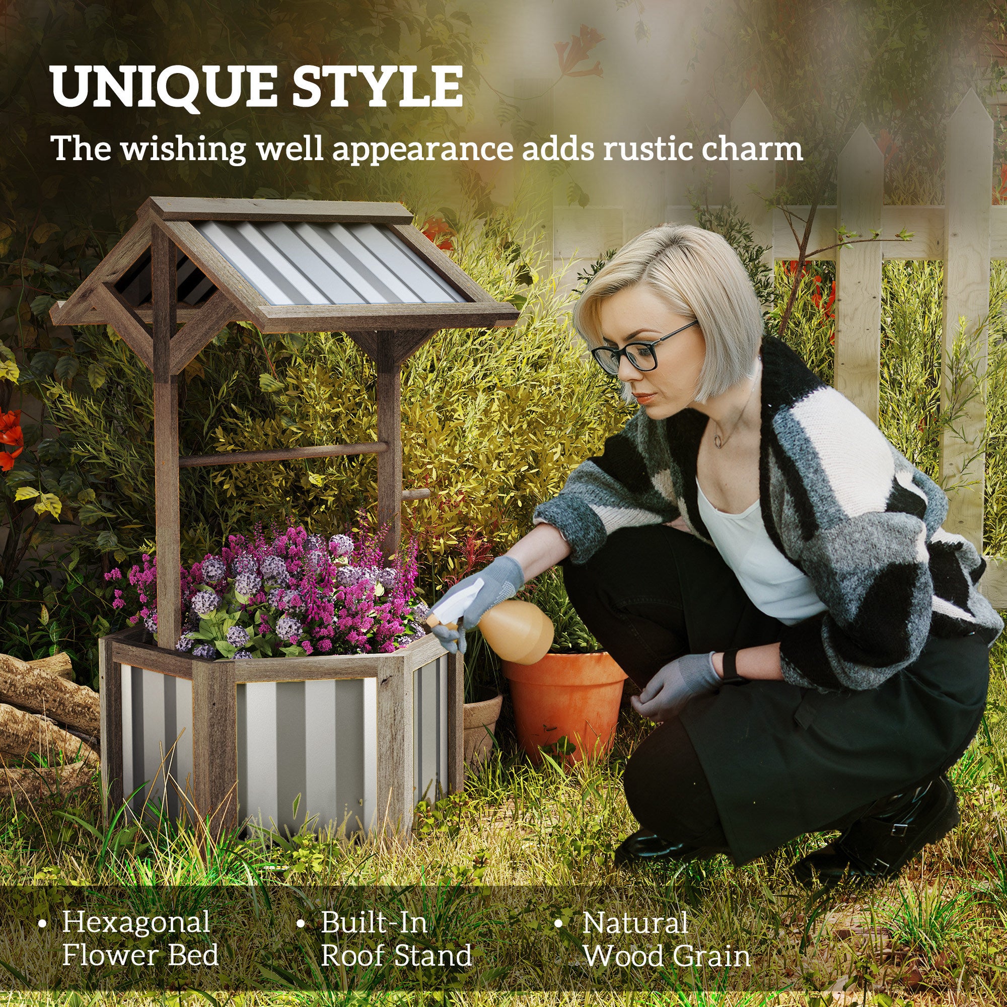 Wooden Wishing Well Planter, Raised Garden Bed With Galvanized Canopy, Hexagon Raised Flower Bed For Garden, Light Gray