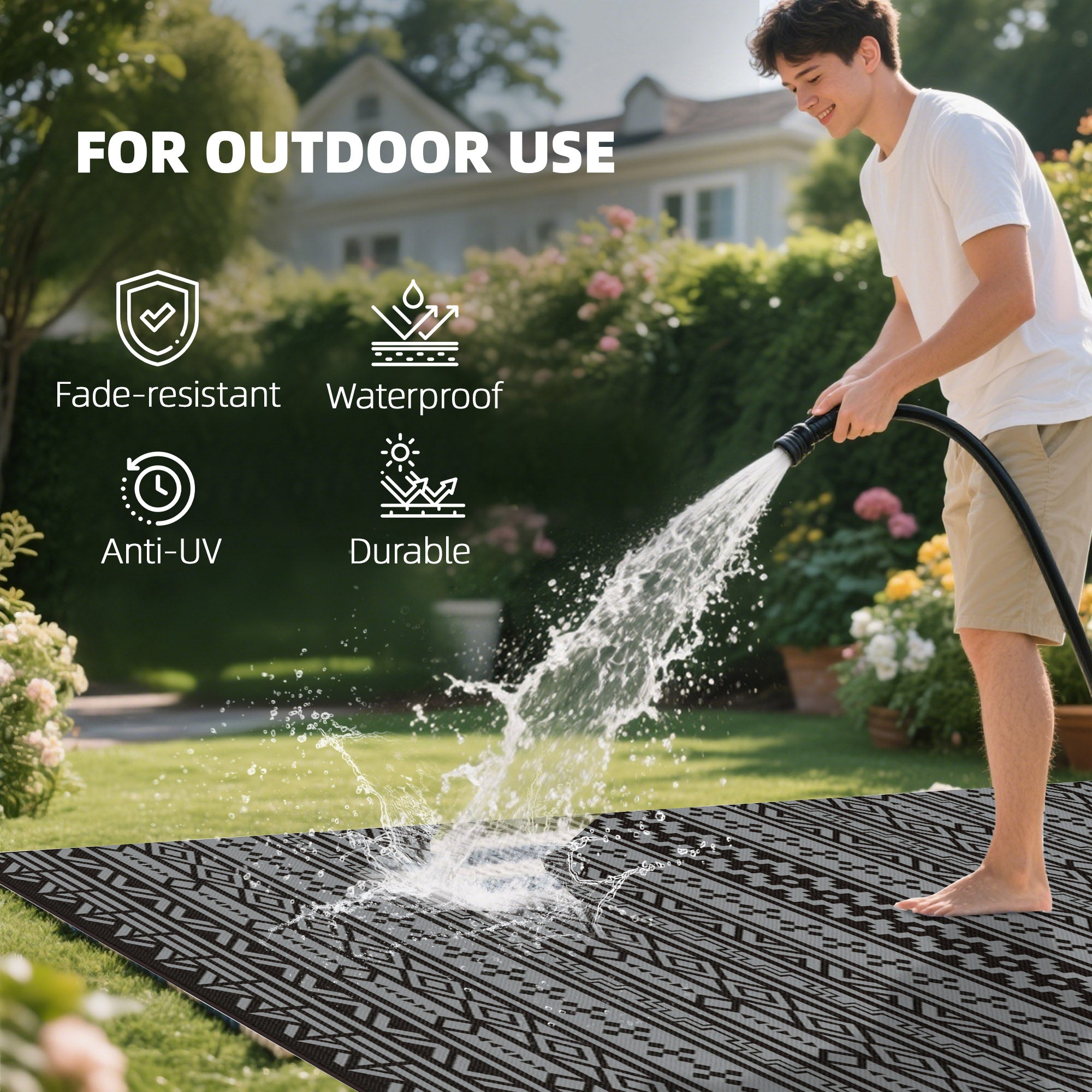 Reversible Outdoor Rug, Waterproof Plastic Straw With Carry Bag, 9 X 18, Black & Gray Geometric Wall