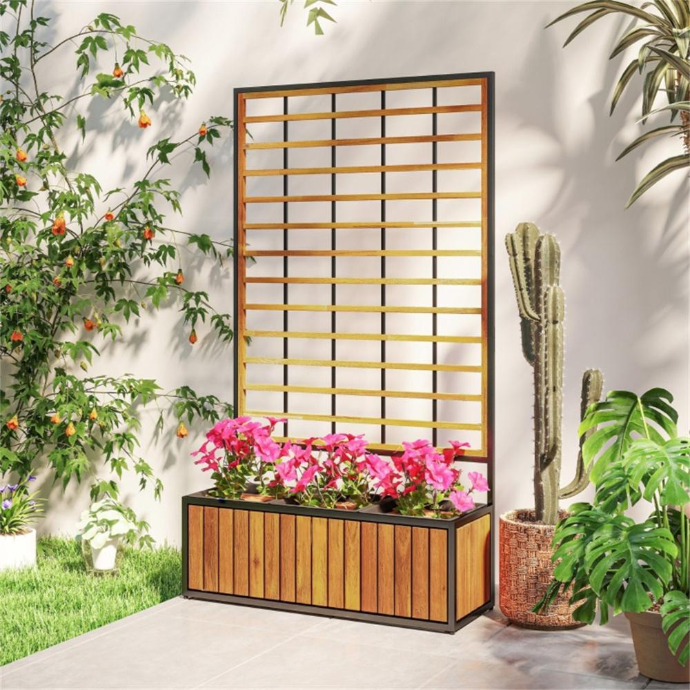 Wooden Raised Garden Bed With Trellis, Removable Pots For Backyard-Teak - Outdoor Chilling