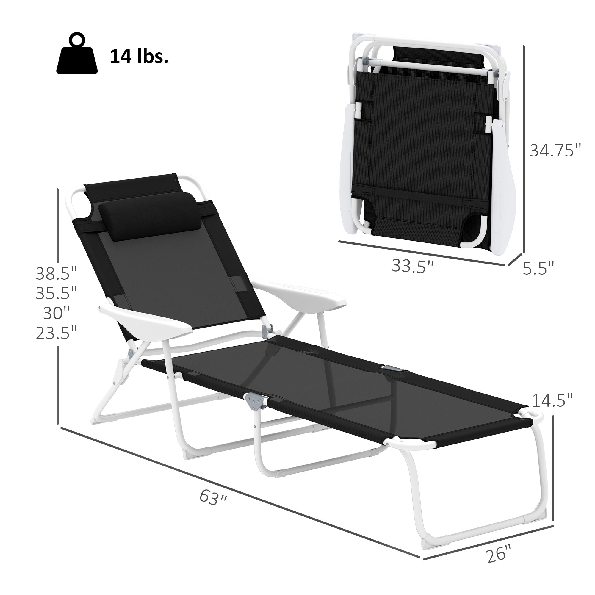 Folding Chaise Lounge, Outdoor Sun Tanning Chair, 4-Position Reclining Back, Armrests, Removable Pillow, Black