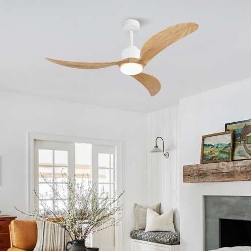 Ceiling Fan With Dimmable LED Light Remote Control, Quiet DC Motor 6 Speed Levels, Adjust Height 3 PCS Rod Reversible Ceiling Fan, For Patio Living Room, Bedroom, Office, Indoor. White Natural