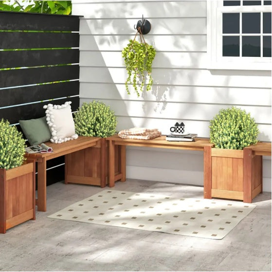 Teak Oil Finish Raised Garden Bed Wood Planter Box With Bench