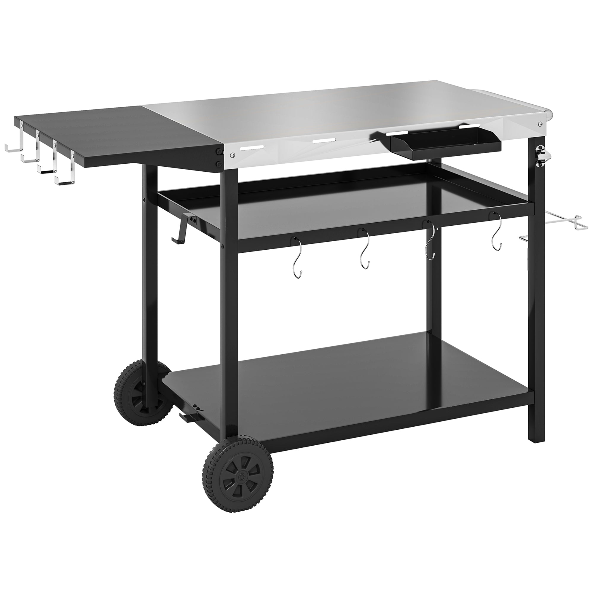 Outdoor Bar Cart Grill Table With Stainless Steel Tabletop, Wheeled Outdoor Serving Cart Prep Table With Storage, Hooks