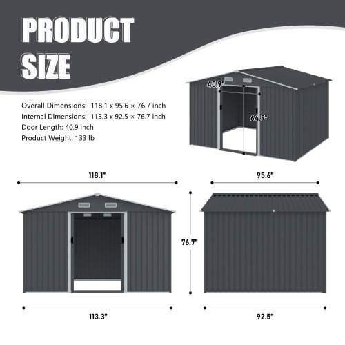 Outdoor Storage Shed 8 X 10 FT Large Metal Tool Sheds Heavy Duty Storage House With Sliding Doors With Air Vent For Patio Lawn To Store Bikes Tools, Lawnmowers Grey
