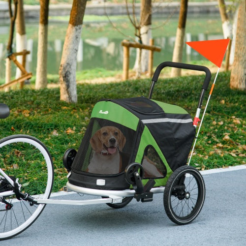 Aosom 2 In 1 Bike Trailer, Foldable Dog Bike Stroller With Aluminum Frame, Quick Release Wheels, Safety Leash, Anti-Slip Mat, Hitch Coupler, Reflectors, Flag For Medium Dogs, Green