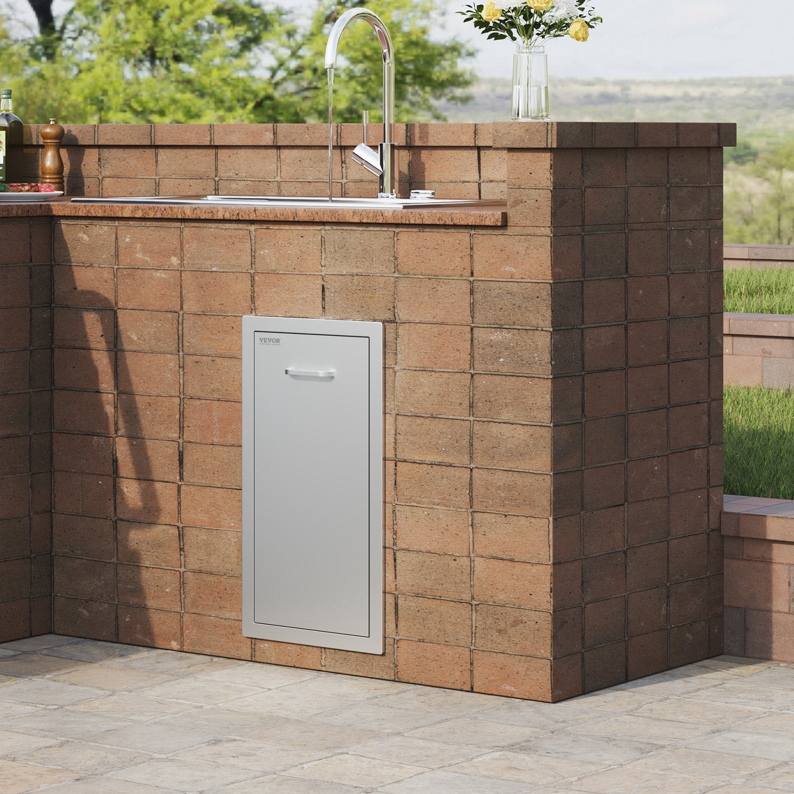 VEVOR Pull Out Trash Drawer 13.4Wx26Hx19.6D Inch Lower Sliding Rails Stainless Steel Roll Out Trash Bin Pull Out Tray Outdoor Kitchen Trash Drawer With Handle For BBQ Island Grill Station