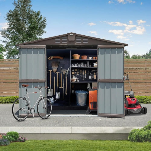 Outdoor Storage Shed 8.2' X 6.2', Metal Steel Utility Tool Shed Storage House With Double Lockable Doors &Air Vents For Backyard Patio Garden Lawn Brown - Outdoor Chilling